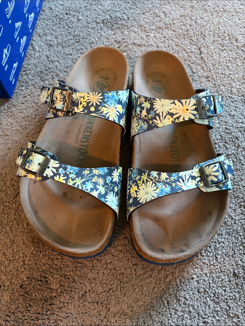 Birkenstock Floral Two-Strap Sandals - Navy with Yellow Flowers